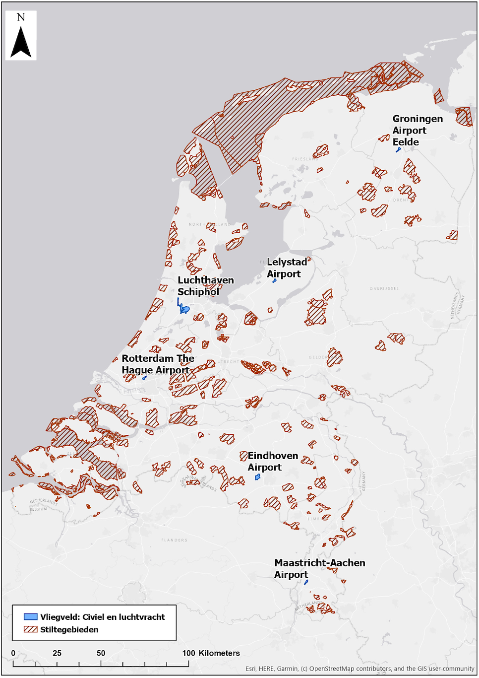 Stiltegebieden in Nederland (Bron: Atlas van de Leefomgeving, 2019, Stiltegebieden)